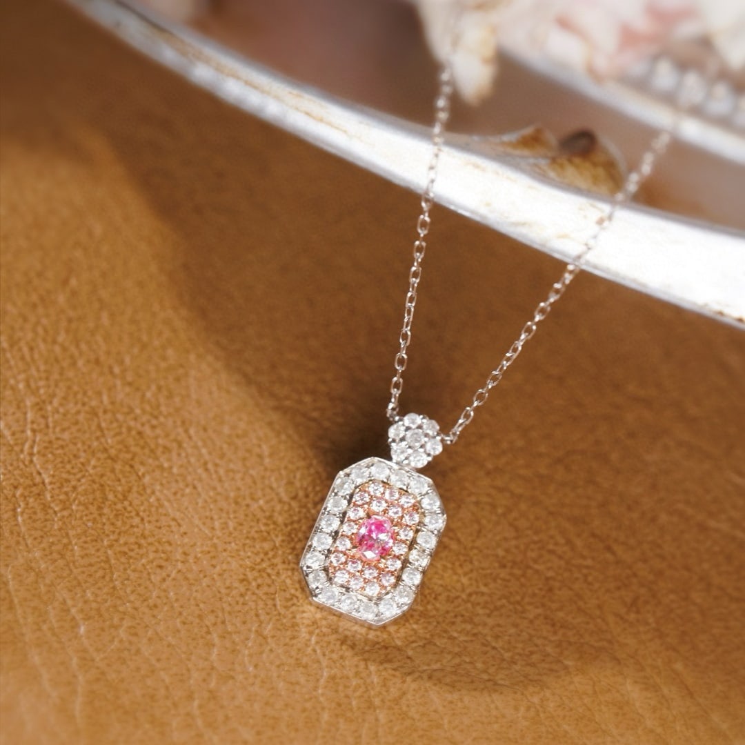 14k Gold 0.58 Ctw Natural Pink Diamond & Diamond Necklace: Ref:230985176 // gold content:14k gold // main gemstone:pink diamond // shape:oval // carat weight:0. 18ct // color:pink // treatment:natural // // adjacent gemstone 2 : diamond // shape:round //