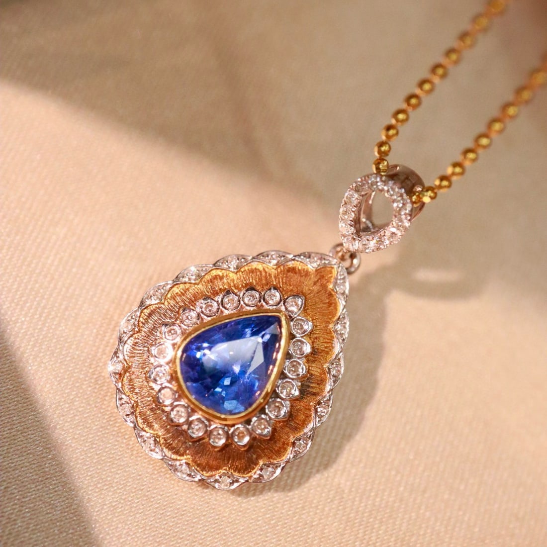 14k Gold 1.67 Ctw Natural Sapphire & Diamond Pendant( Without Chain ): Ref:230985198 // gold content:14k gold // main gemstone:sapphire // shape:pear // carat weight:1. 5ct // color:blue // treatment:natural // // adjacent gemstone 2 : diamond // shape:round // carat wei