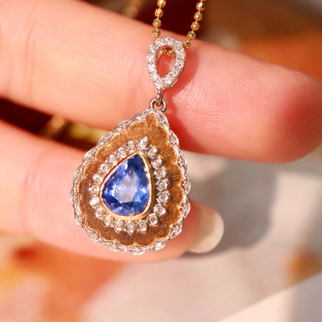 14k Gold 1.67 Ctw Natural Sapphire & Diamond Pendant( Without Chain ) - 2