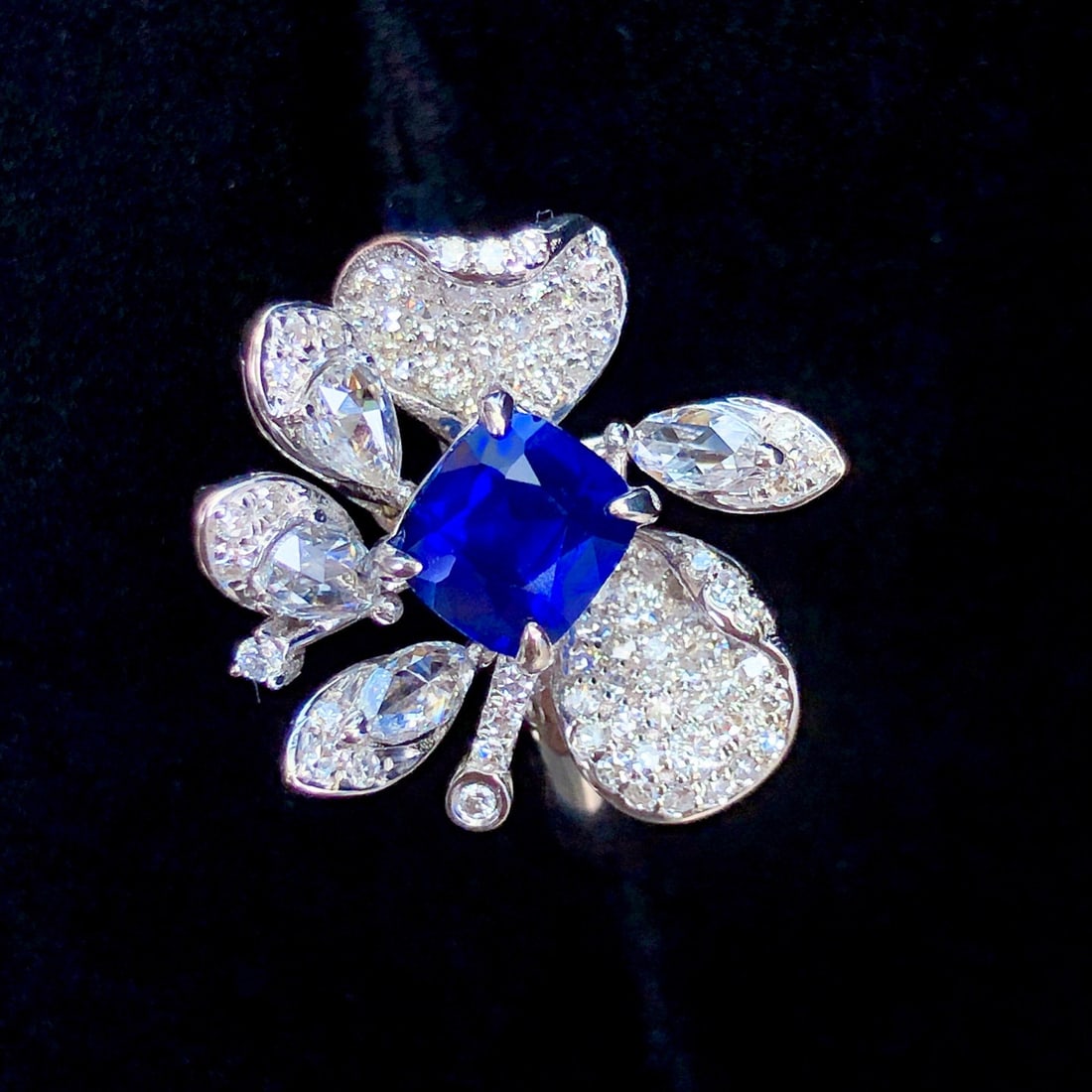 14k Gold 1.68 Ctw Natural Sapphire & Diamond Ring: Ref:230985200 // gold content:14k gold // ring size:7. 25us // // main gemstone:sapphire // shape:cushion // carat weight:1. 11ct // color:royal blue // treatment:natural // // adjacent gemstone 2 :