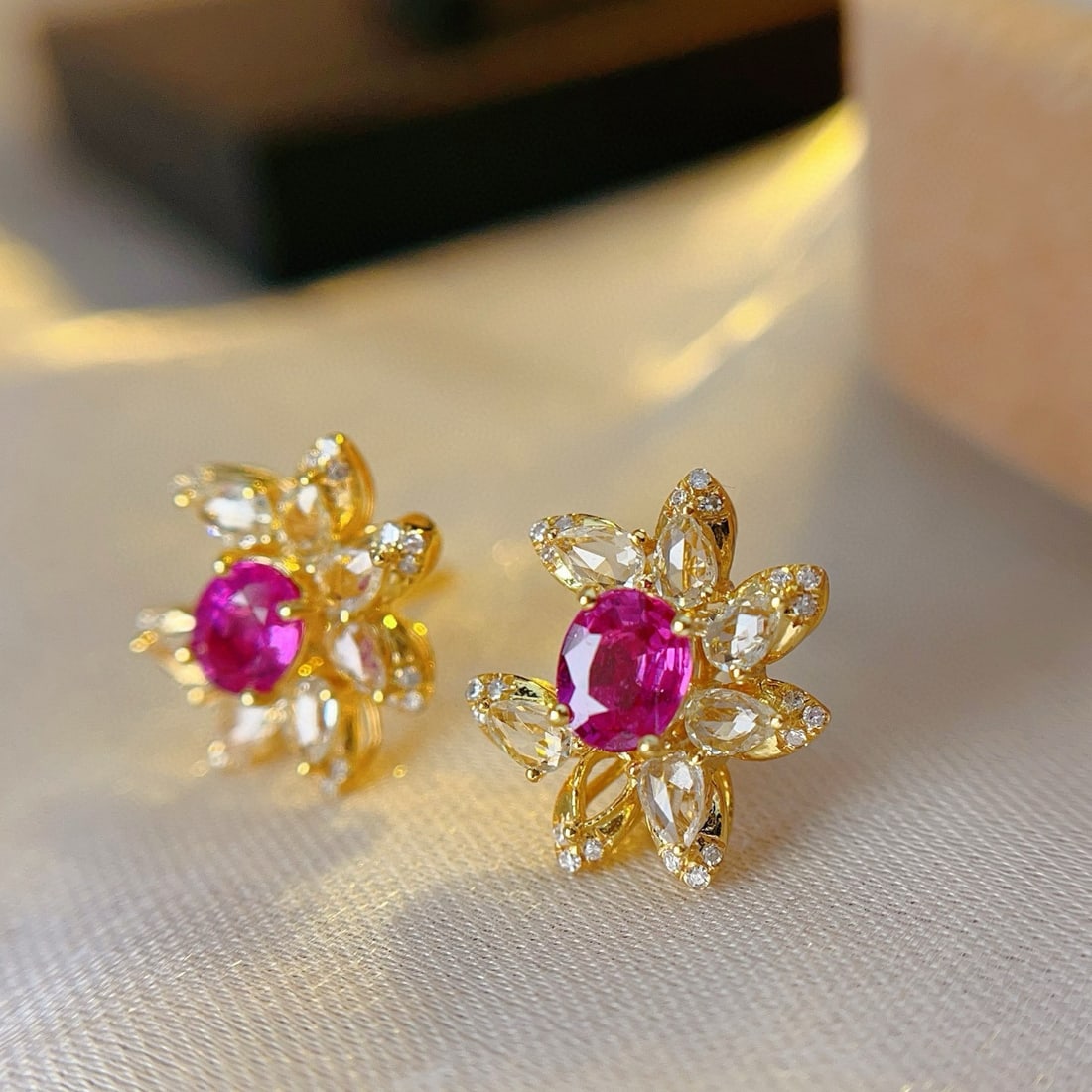 14k Gold 1.0 Ct Natural Ruby & Diamond & Sapphire Earrings - 6