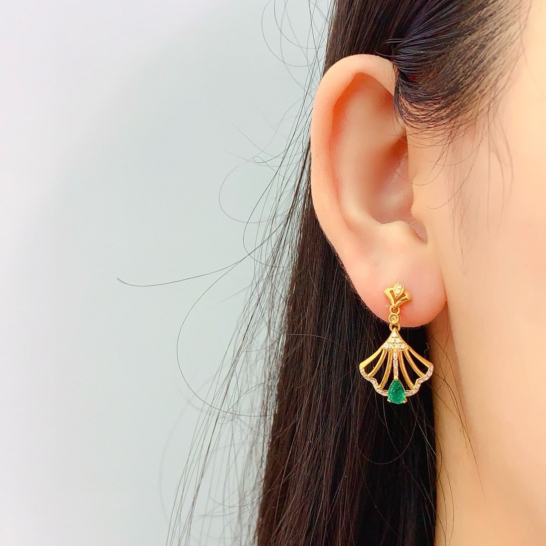 14k Gold 1 Ct Natural Emerald & Diamond Earrings - 5