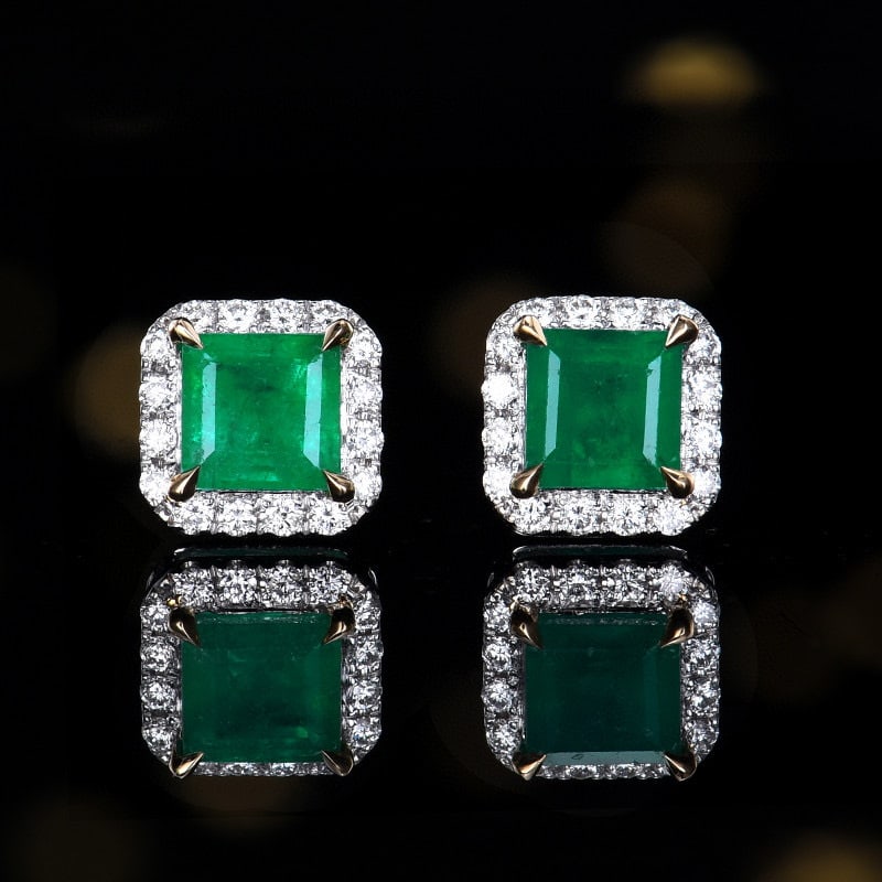14k Gold 1.62 Ctw Natural Emerald & Diamond Earrings: Ref:230985224 // gold content:14k gold // main gemstone:emerald // shape:square // carat weight:1. 4ct // color:green // treatment:natural // // adjacent gemstone 2 : diamond // number of stones:32
