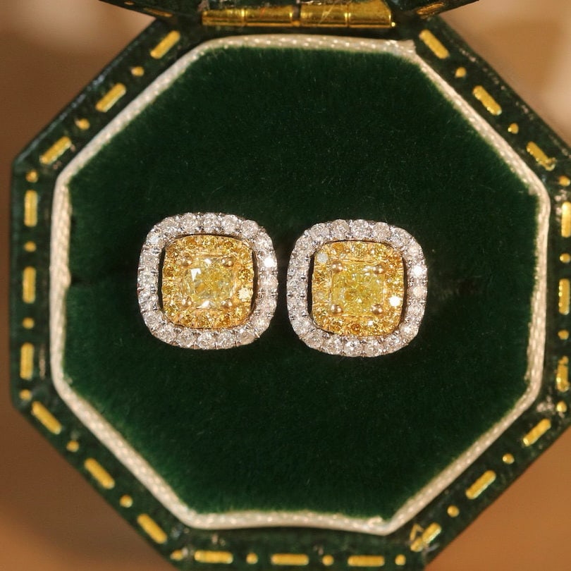 14k Gold 0.74 Ctw Natural Yellow Diamond & Diamond Earrings: Ref:230985247 // gold content:14k gold // main gemstone:yellow diamond // shape:cushion // carat weight:0. 28ct // color:yellow // treatment:natural // // adjacent gemstone 2 : diamond // shape:round