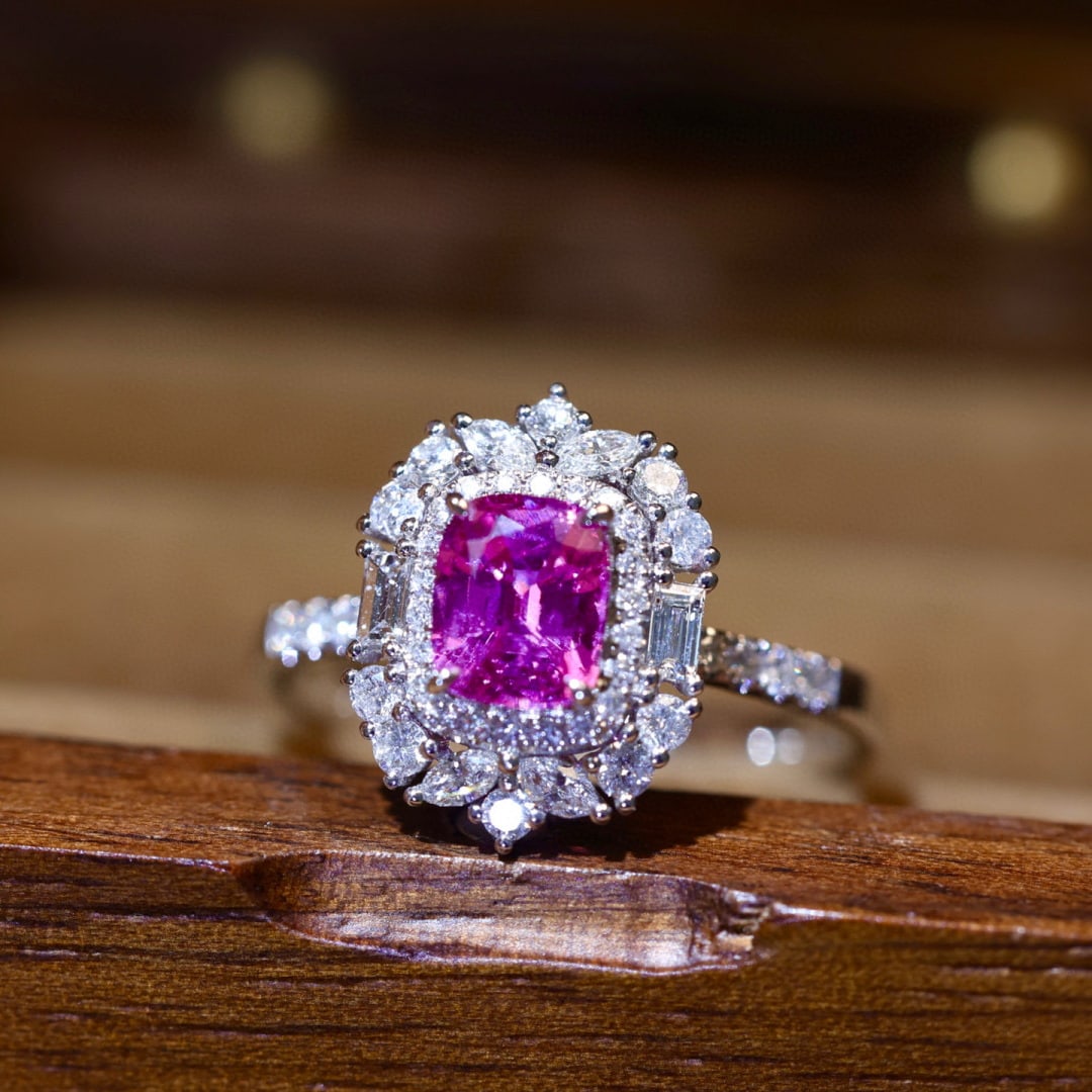 14k Gold 1.79 Ctw Natural Sapphire & Diamond Ring: Ref:230985250 // gold content:14k gold // ring size:7. 25us // // main gemstone:sapphire // shape:cushion // carat weight:1. 21ct // color:pink // treatment:natural // // adjacent gemstone 2 : diamond
