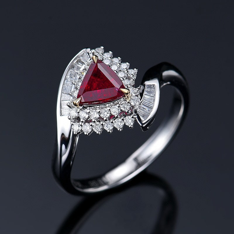 14k Gold 1.13 Ctw Natural Ruby & Diamond Ring: Ref:230986016 // gold content:14k gold // ring size:7. 25us // // main gemstone:ruby // shape:triangle // carat weight:0. 81ct // color:pigeonblood red // treatment:natural // // adjacent gemstone 2