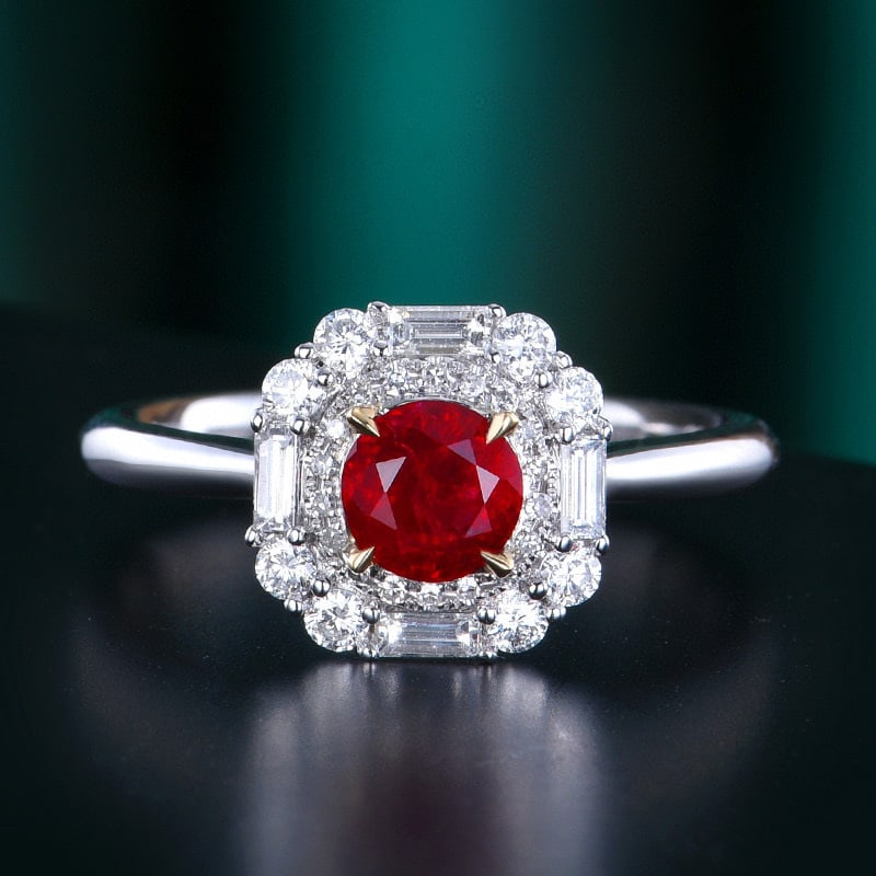 14k Gold 1.30 Ctw Natural Ruby & Diamond Ring: Ref:230986025 // gold content:14k gold // ring size:7. 25us // // main gemstone:ruby // shape:round // carat weight:0. 88ct // color:pigeonblood red // treatment:natural // cut grade:g // // adjacent
