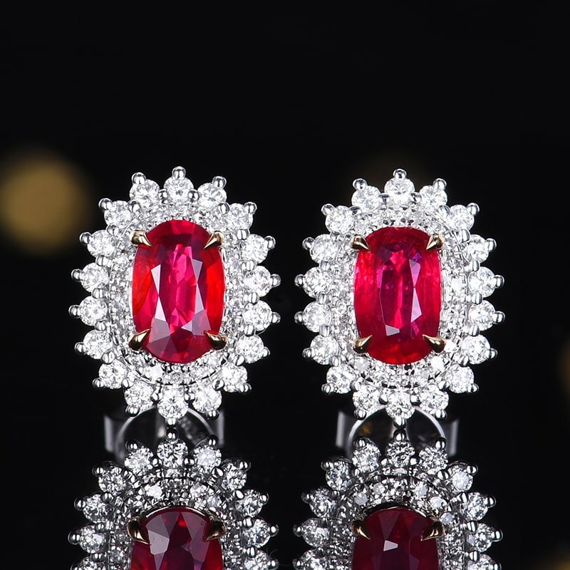 14k Gold 1.57 Ctw Natural Ruby & Diamond Earrings: Ref:230986026 // gold content:14k gold // main gemstone:ruby // shape:oval // carat weight:1. 1ct // color:red // treatment:natural // // adjacent gemstone 2 : diamond // number of stones:80 //