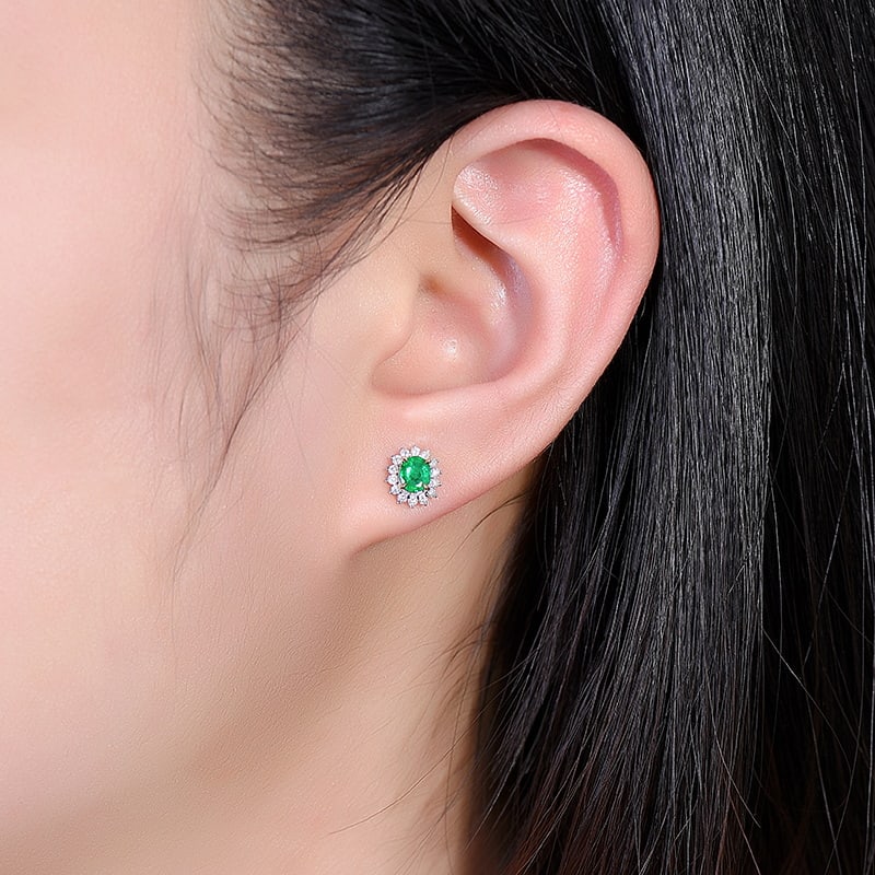 14k Gold 0.79 Ctw Vivid Green Natural Emerald & Diamond Earrings - 2