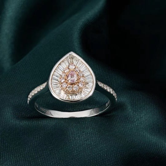 14k Gold 0.55 Ctw Natural Pink Diamond & Diamond Ring: Ref:230986042 // gold content:14k gold // ring size:7. 25us // // main gemstone:pink diamond // shape:pear // carat weight:0. 05ct // color:pink // treatment:natural // // adjacent gemstone 2 :