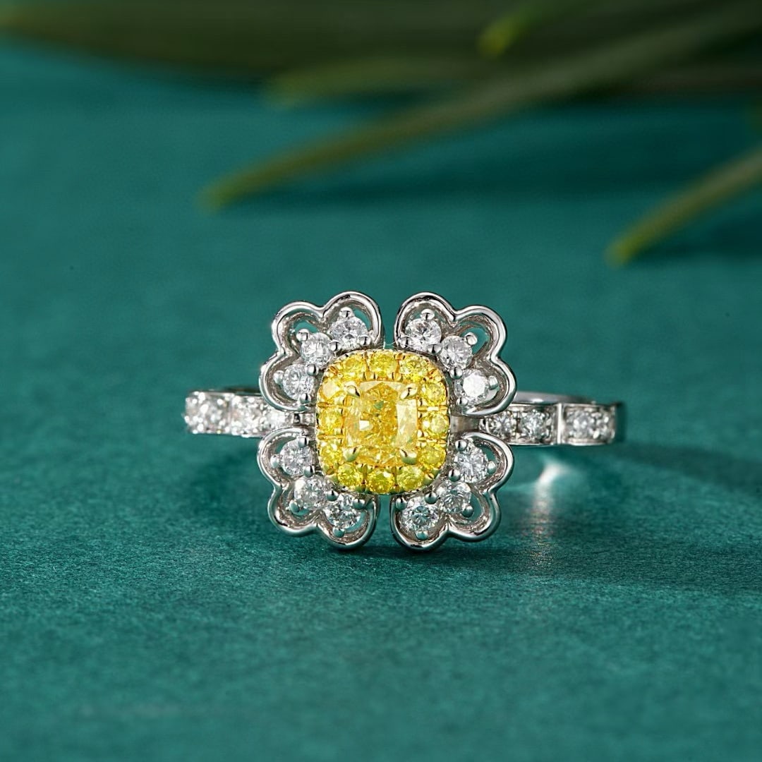 14k Gold 0.60 Ctw Natural Yellow Diamond & Diamond Ring: Ref:230986050 // gold content:14k gold // ring size:7. 25us // // main gemstone:yellow diamond // shape:cushion // carat weight:0. 20ct // color:yellow // treatment:natural // // adjacent gemstone 2