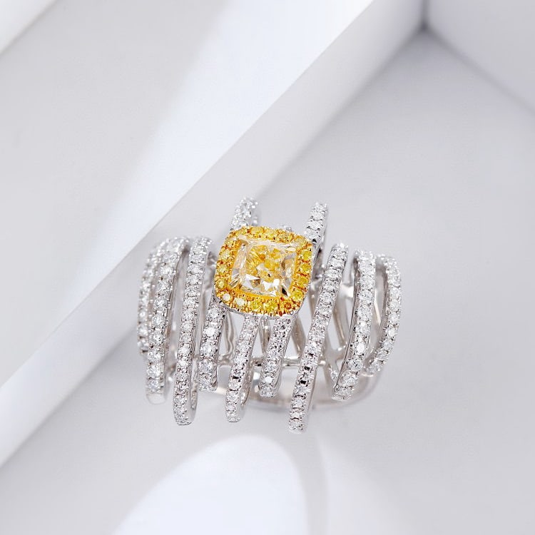 14k Gold 1.83 Ctw Natural Yellow Diamond & Diamond Ring: Ref:230986056 // gold content:14k gold // ring size:7. 25us // // main gemstone:yellow diamond // shape:cushion // carat weight:1. 01ct // color:yellow // treatment:natural // // adjacent gemstone 2
