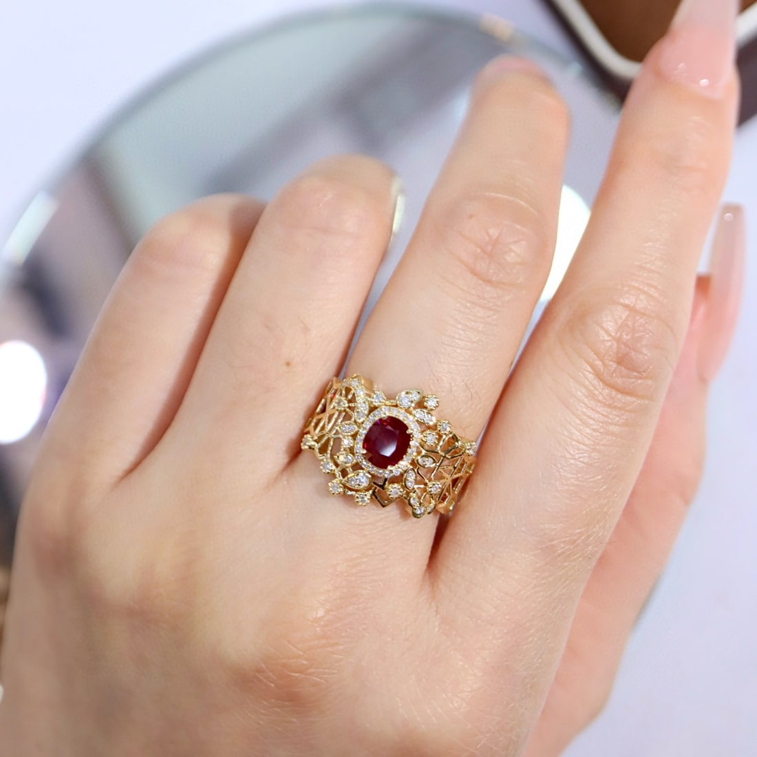 14k Gold 0.99 Ctw Natural Ruby & Diamond Ring - 8