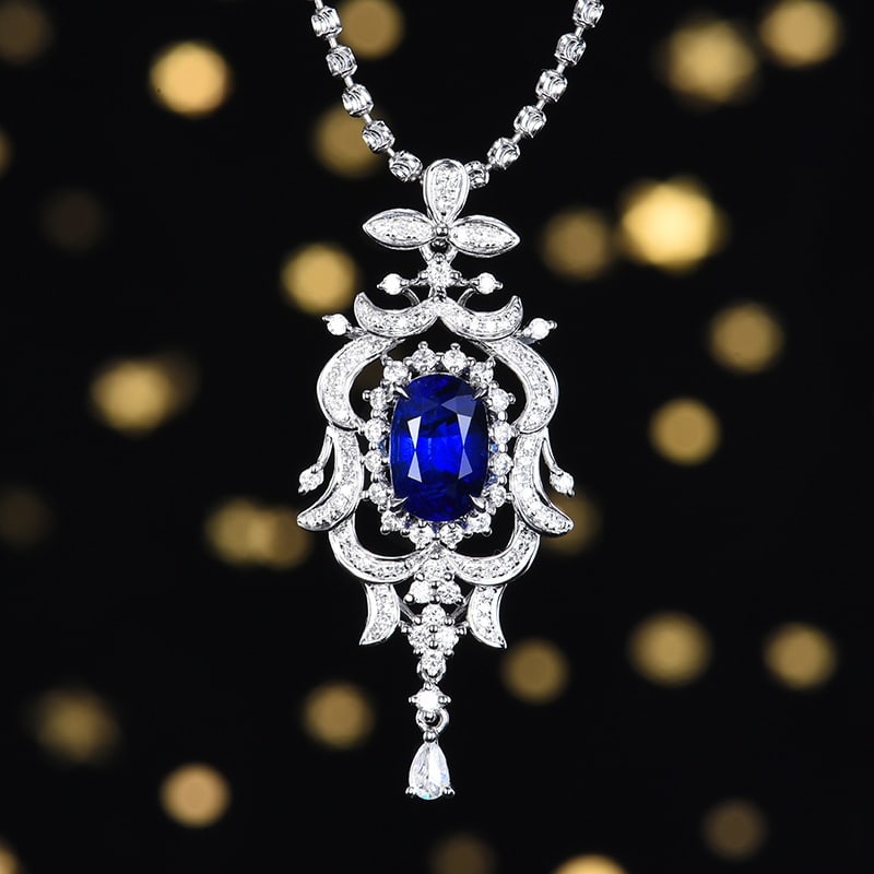 14k Gold 2.55 Ctw Vivid Blue Natural Sapphire & Diamond Pendant( Without Chain ): Ref:230986066 // gold content:14k gold // main gemstone:sapphire // shape:oval // carat weight:2. 03ct // color:vivid blue // treatment:natural // // adjacent gemstone 2 : diamond // number of stones: