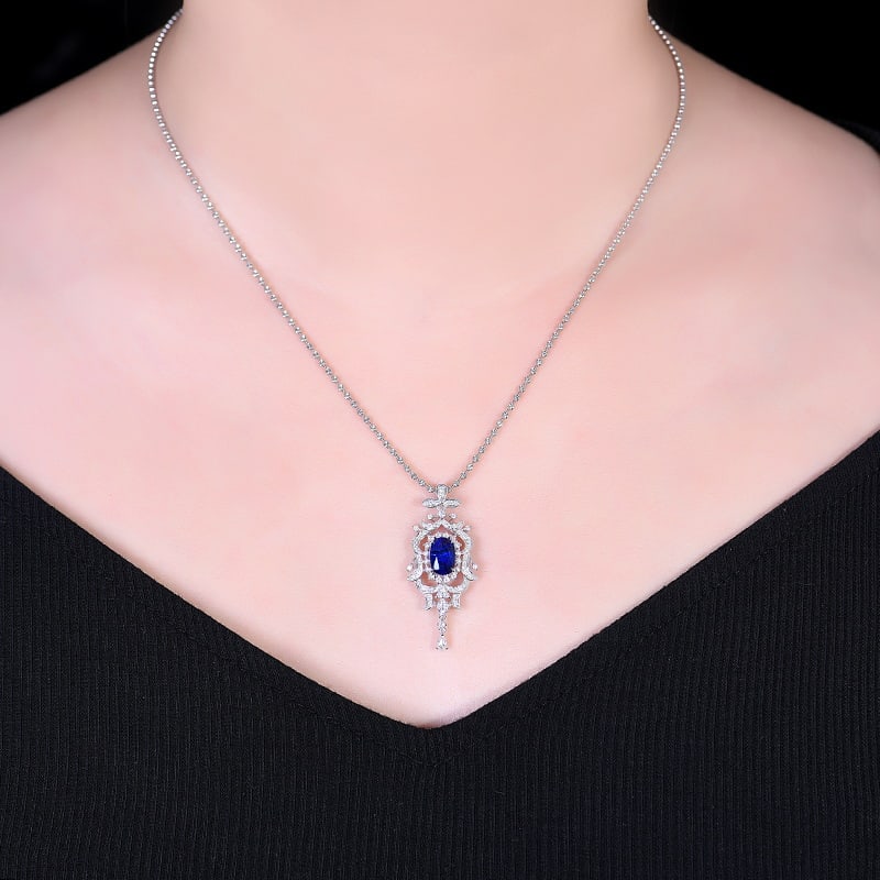 14k Gold 2.55 Ctw Vivid Blue Natural Sapphire & Diamond Pendant( Without Chain ) - 2