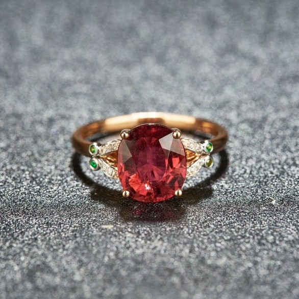 14k Gold 2.8 Ct Natural Tourmaline & Diamond & Tsavorite Ring: Ref:230986071 // gold content:14k gold // ring size:7. 25us // // main gemstone:tourmaline // shape:oval // carat weight:2. 8ct // color:red // treatment:natural // // adjacent gemstone 2 : diamond