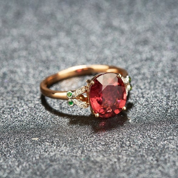 14k Gold 2.8 Ct Natural Tourmaline & Diamond & Tsavorite Ring - 2