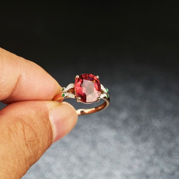 14k Gold 2.8 Ct Natural Tourmaline & Diamond & Tsavorite Ring - 4