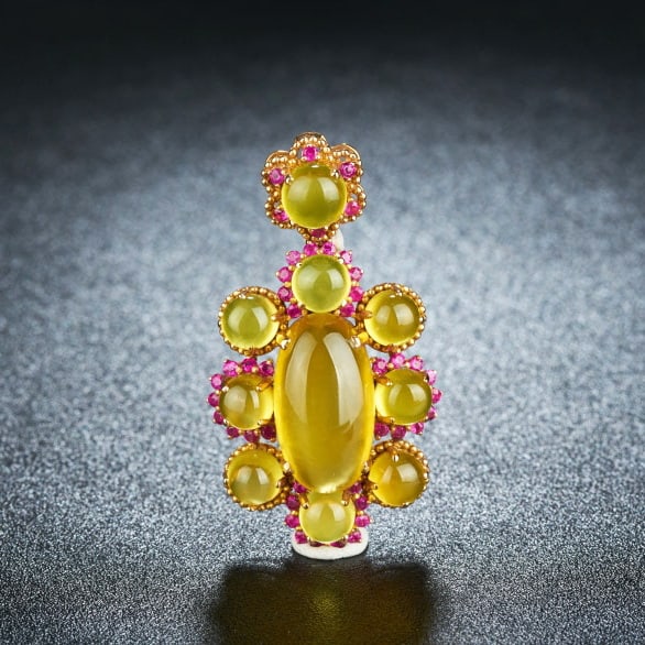 14k Gold 25.55 Ct Natural Prehnite & Ruby Pendant( Without Chain ): Ref:230986079 // gold content:14k gold // main gemstone:prehnite // shape:multiply // carat weight:25. 55ct // color:yellow // treatment:natural // // adjacent gemstone 2 : ruby // number of stones:44