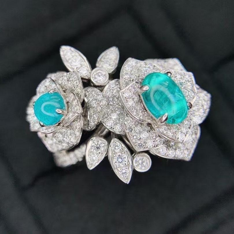 14k Gold 2.74 Ctw Natural Paraiba Tourmaline & Diamond Ring: Ref:230986085 // gold content:14k gold // ring size:7. 25us // // main gemstone:paraiba tourmaline // shape:multiply // carat weight:1. 26ct // color:blue // treatment:natural // // adjacent gemstone