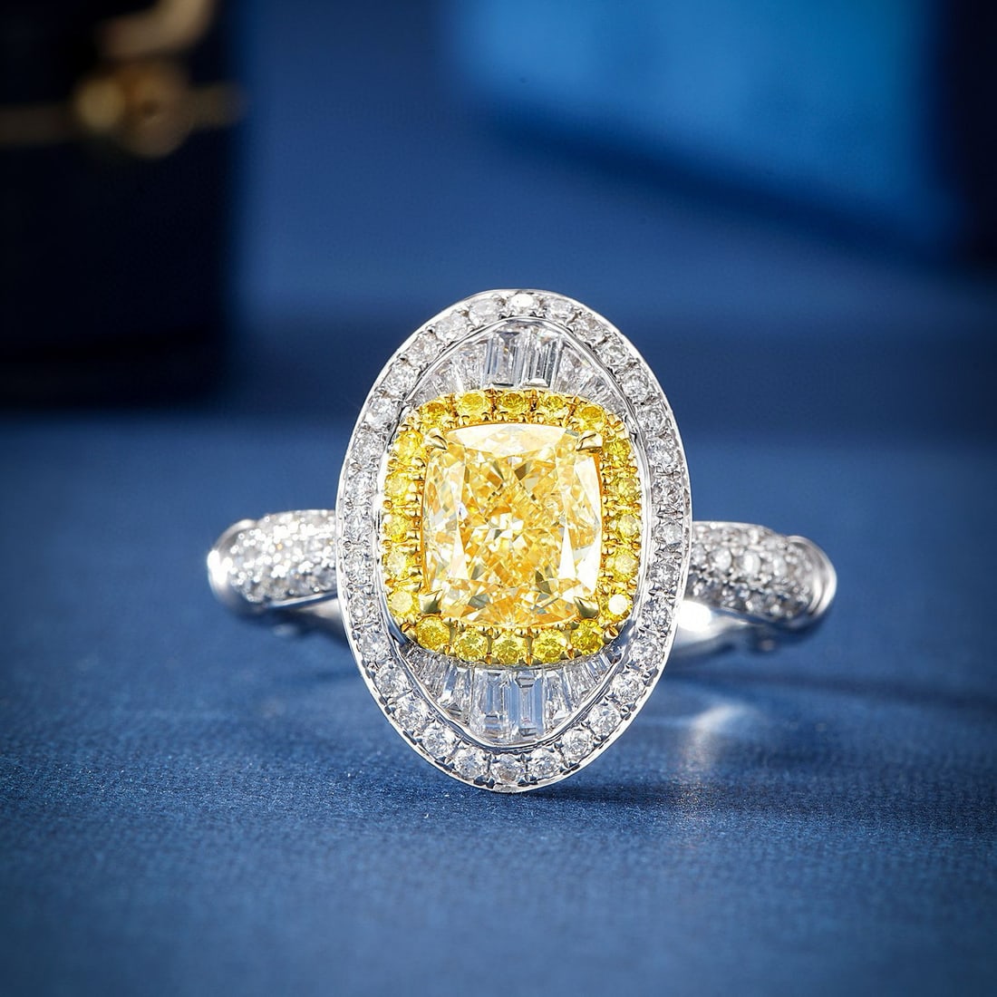 14k Gold 2.21 Ctw Natural Yellow Diamond & Diamond Ring: Ref:230986096 // gold content:14k gold // ring size:7. 25us // // main gemstone:yellow diamond // shape:cushion // carat weight:1. 51ct // color:yellow // treatment:natural // // adjacent gemstone 2