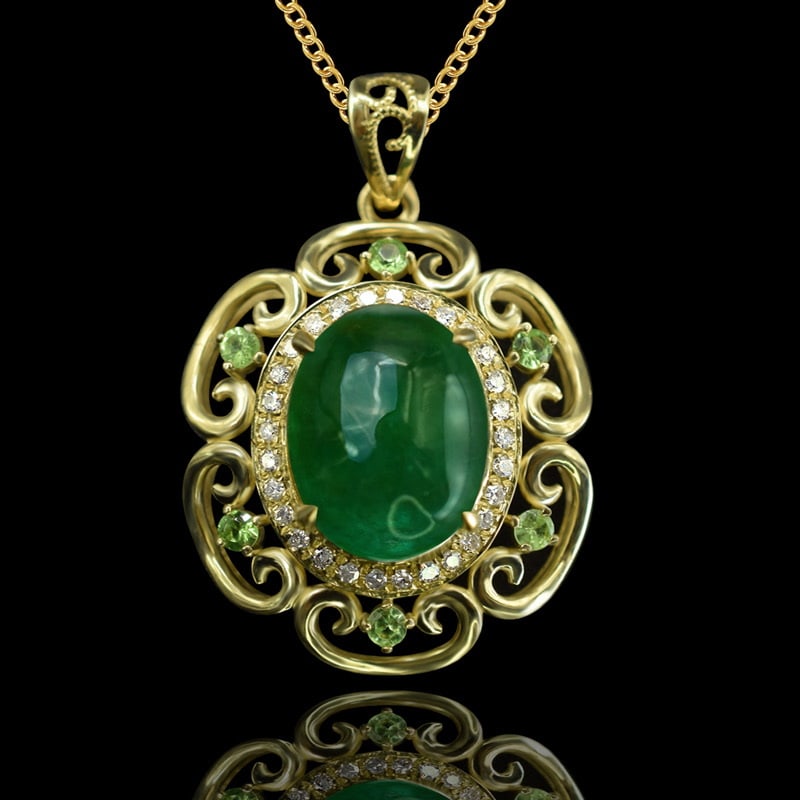14k Gold 3.34 Ctw Natural Emerald & Diamond Pendant( Without Chain ): Ref:230986099 // gold content:14k gold // main gemstone:emerald // shape:oval // carat weight:3. 26ct // color:green // treatment:natural // // adjacent gemstone 2 : diamond // number of stones:29 //