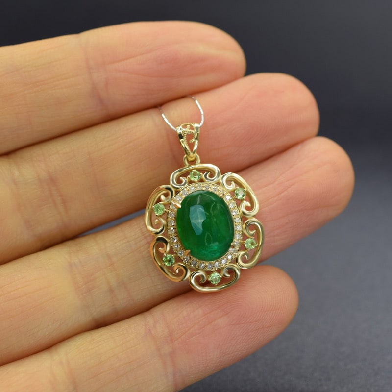 14k Gold 3.34 Ctw Natural Emerald & Diamond Pendant( Without Chain ) - 4