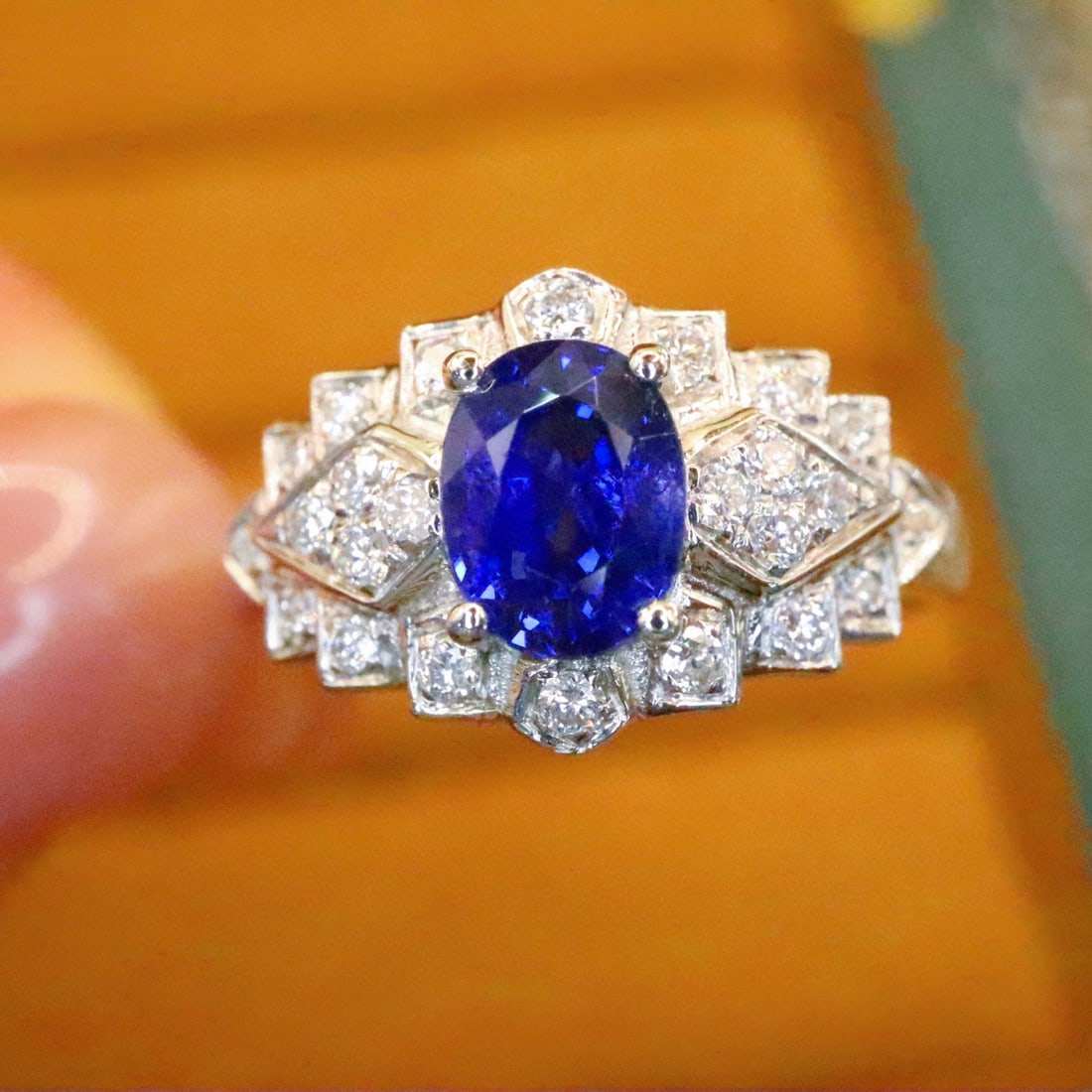 14k Gold 1.35 Ctw Natural Sapphire & Diamond Ring: Ref:230986104 // gold content:14k gold // ring size:7. 25us // // main gemstone:sapphire // shape:oval // carat weight:1. 15ct // color:royal blue // treatment:natural // // adjacent gemstone 2 :
