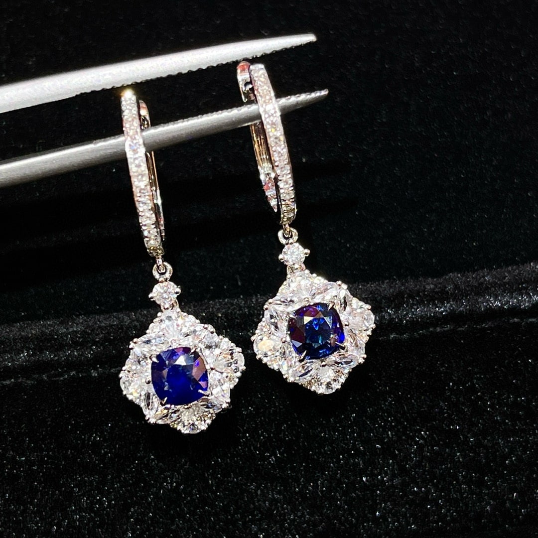 14k Gold 1.43 Ctw Natural Sapphire & Diamond Earrings: Ref:230986116 // gold content:14k gold // main gemstone:sapphire // shape:cushion // carat weight:1. 11ct // color:blue // treatment:natural // // adjacent gemstone 2 : diamond // number of stones:46