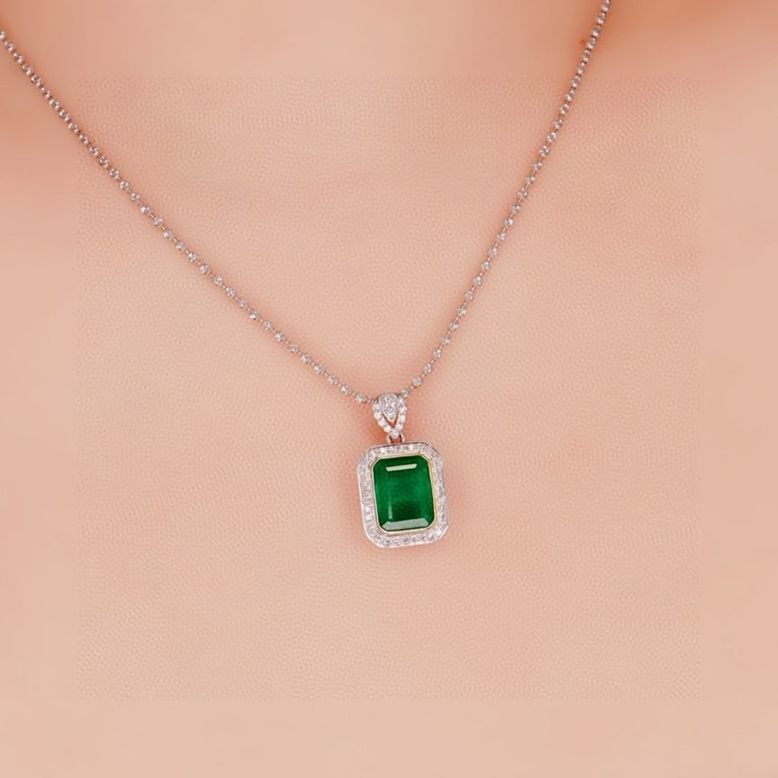 14k Gold 3.27 Ctw Vivid Green Natural Emerald & Diamond Pendant( Without Chain ) - 3