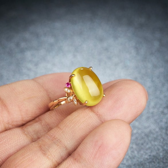 14k Gold 7.2 Ct Natural Prehnite & Diamond & Ruby Ring - 3