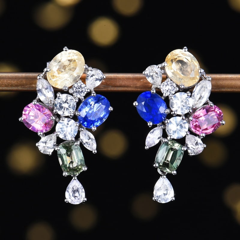 14k Gold 7.55 Ctw Natural Sapphire & Sapphire Earrings: Ref:230986137 // gold content:14k gold // main gemstone:sapphire // shape:oval // carat weight:5. 44ct // color:color // treatment:natural // // adjacent gemstone 2 : sapphire // number of stones:16