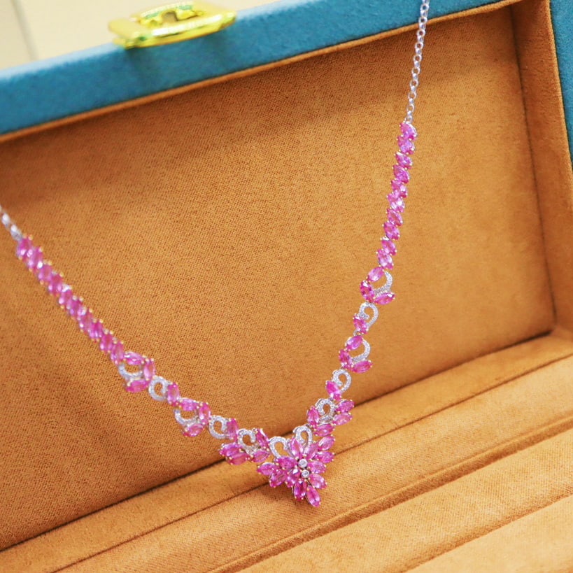 14k Gold 11.03 Ctw Natural Padparadscha Sapphire & Diamond Necklace - 3