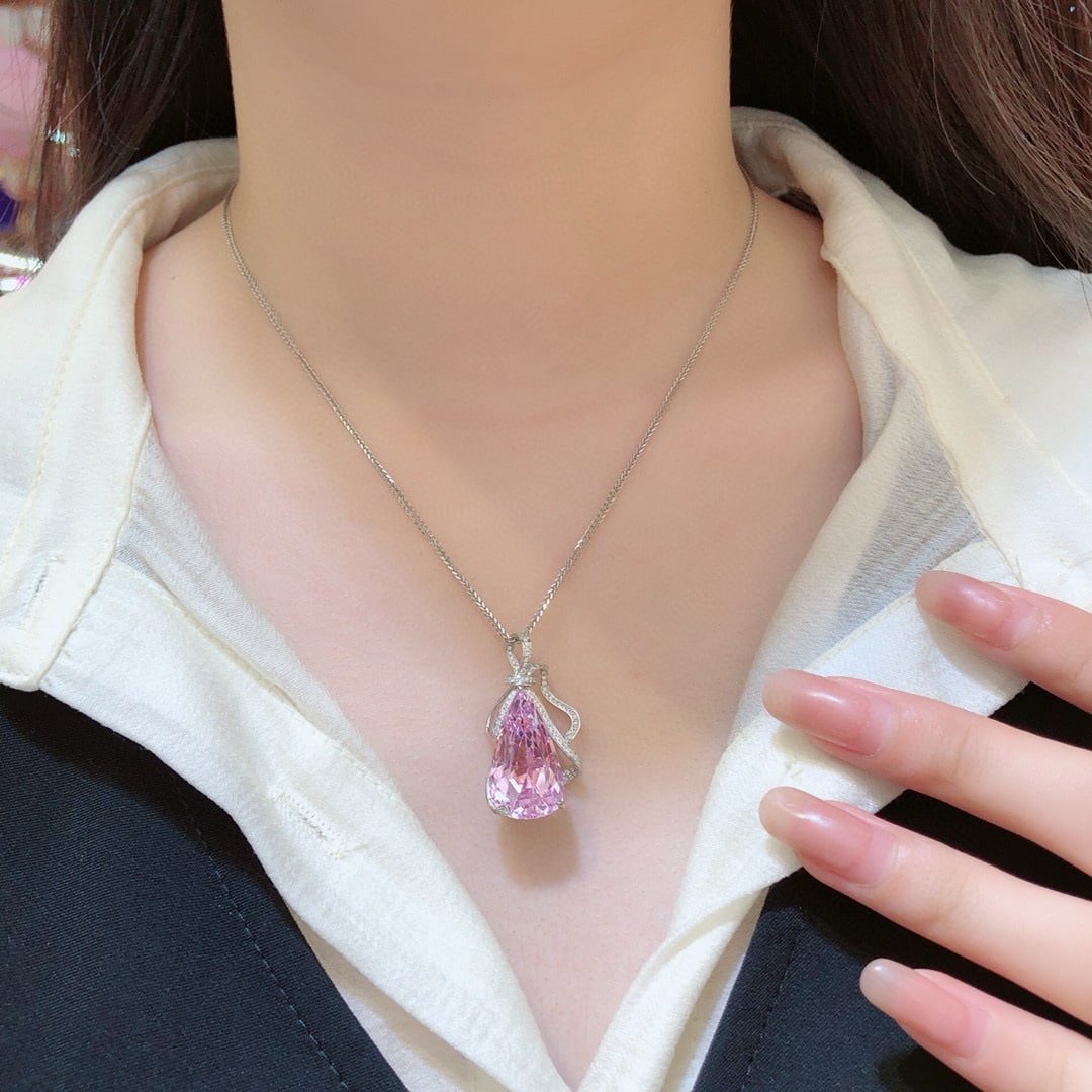 14k Gold 21.68 Ctw Natural Kunzite & Diamond Pendant( Without Chain ) - 4