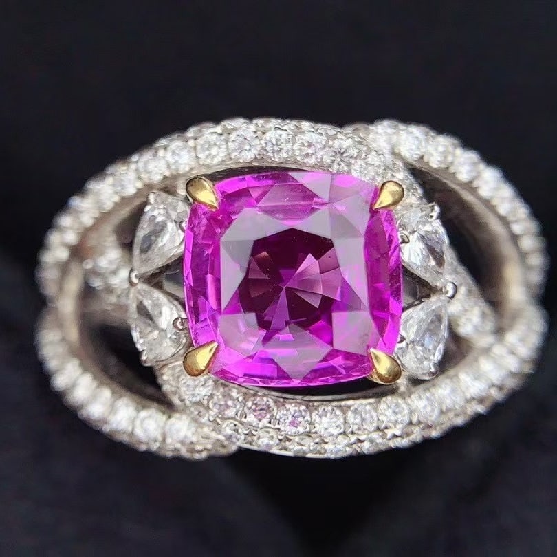 14k Gold 3.06 Ctw Natural Sapphire & Diamond Ring: Ref:230986177 // gold content:14k gold // ring size:7. 25us // // main gemstone:sapphire // shape:cushion // carat weight:2. 07ct // color:pink // treatment:natural // // adjacent gemstone 2 : diamond
