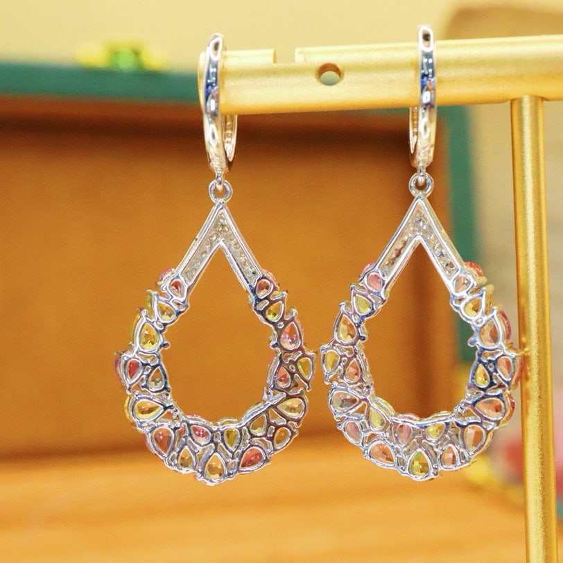 14k Gold 6.46 Ctw Natural Sapphire & Chrysoberyl & Diamond Earrings - 5