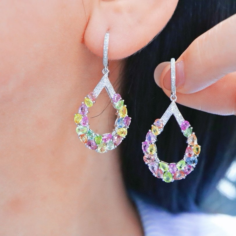 14k Gold 6.46 Ctw Natural Sapphire & Chrysoberyl & Diamond Earrings - 6