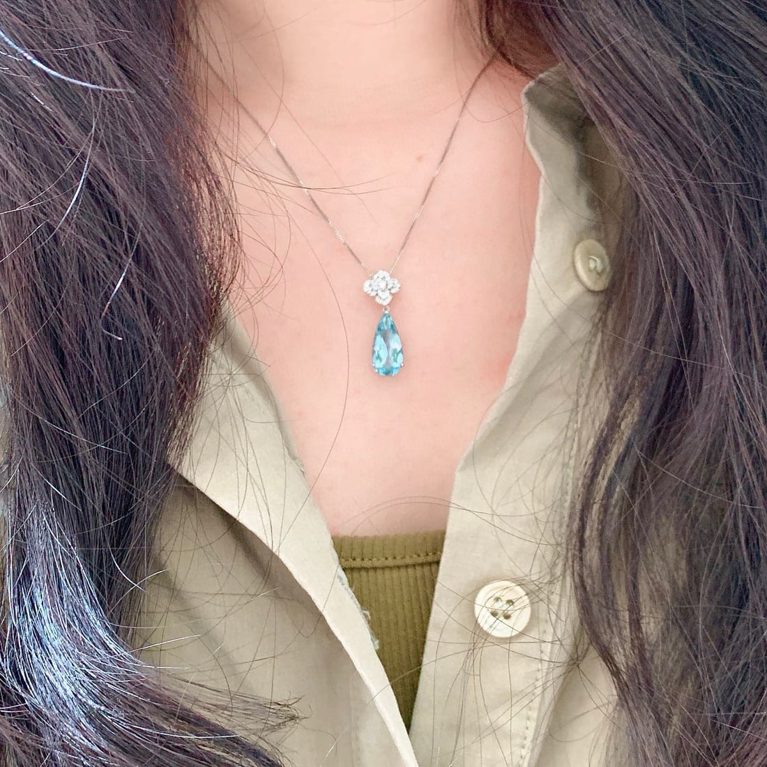 14k Gold 3.07 Ctw Natural Aquamarine & Diamond Pendant( Without Chain ) - 2