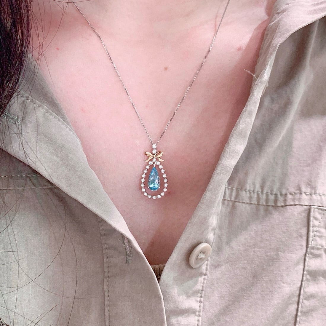 14k Gold 1.39 Ctw Natural Aquamarine & Diamond Pendant( Without Chain ) - 2
