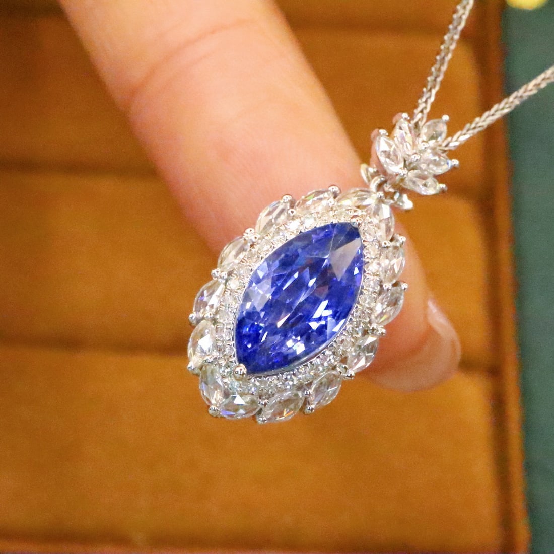 14k Gold 2.33 Ctw Natural Sapphire & Diamond Pendant( Without Chain ): Ref:230986195 // gold content:14k gold // main gemstone:sapphire // shape:marquise // carat weight:1. 86ct // color:cornflower blue // treatment:natural // // adjacent gemstone 2 : diamond // number o