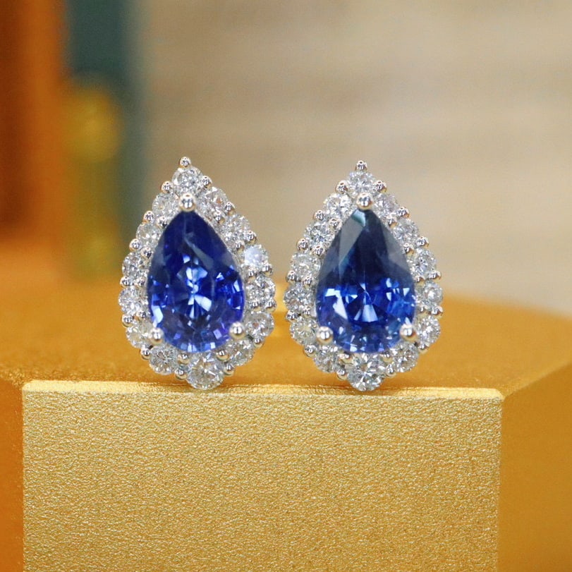 14k Gold 1.45 Ctw Natural Sapphire & Diamond Earrings: Ref:230986196 // gold content:14k gold // main gemstone:sapphire // shape:pear // carat weight:1. 15ct // color:cornflower blue // treatment:natural // // adjacent gemstone 2 : diamond // number of