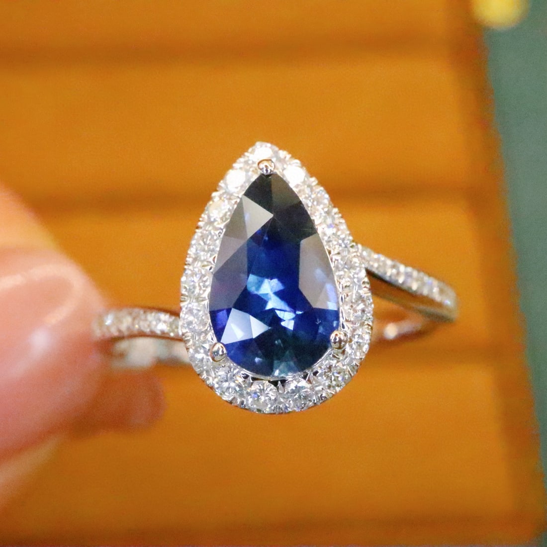 14k Gold 1.52 Ctw Natural Sapphire & Diamond Ring: Ref:230986197 // gold content:14k gold // ring size:7. 25us // // main gemstone:sapphire // shape:pear // carat weight:1. 25ct // color:royal blue // treatment:natural // // adjacent gemstone 2 :
