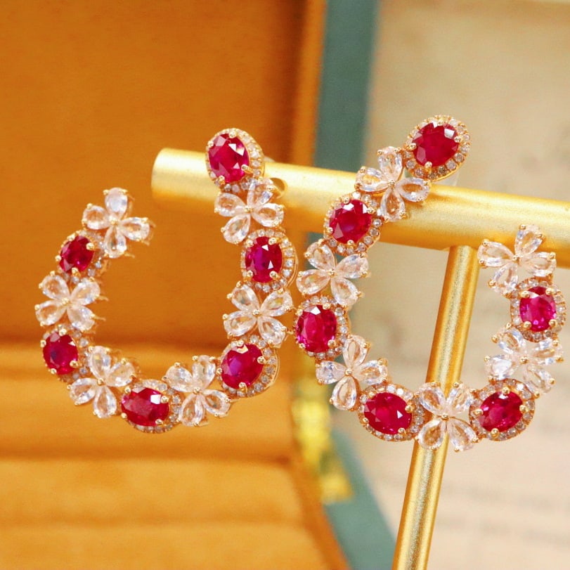 14k Gold 3.73 Ctw Natural Ruby & Diamond Earrings - 2