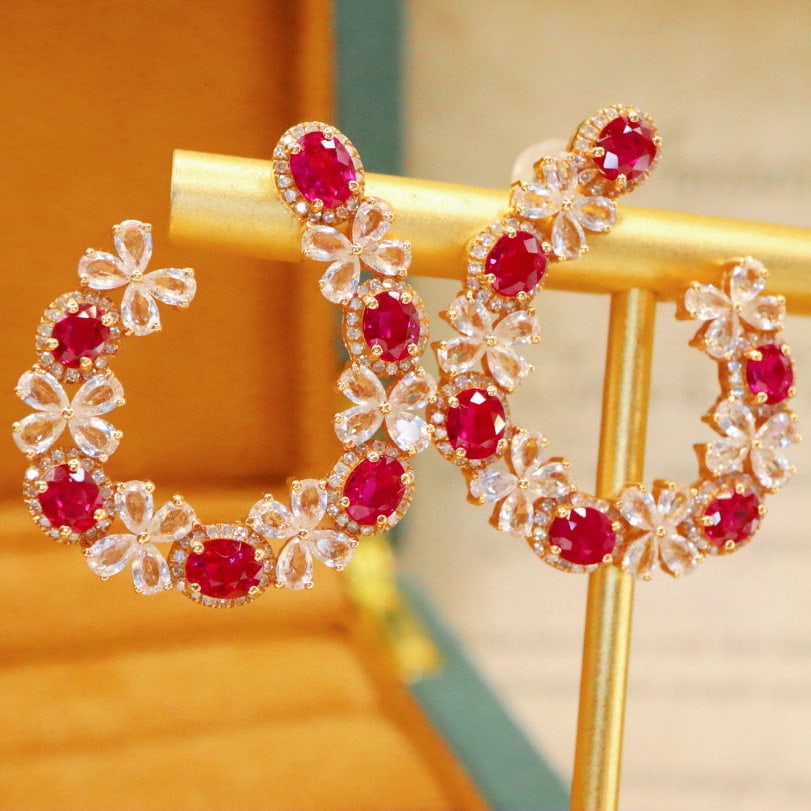 14k Gold 3.73 Ctw Natural Ruby & Diamond Earrings - 3
