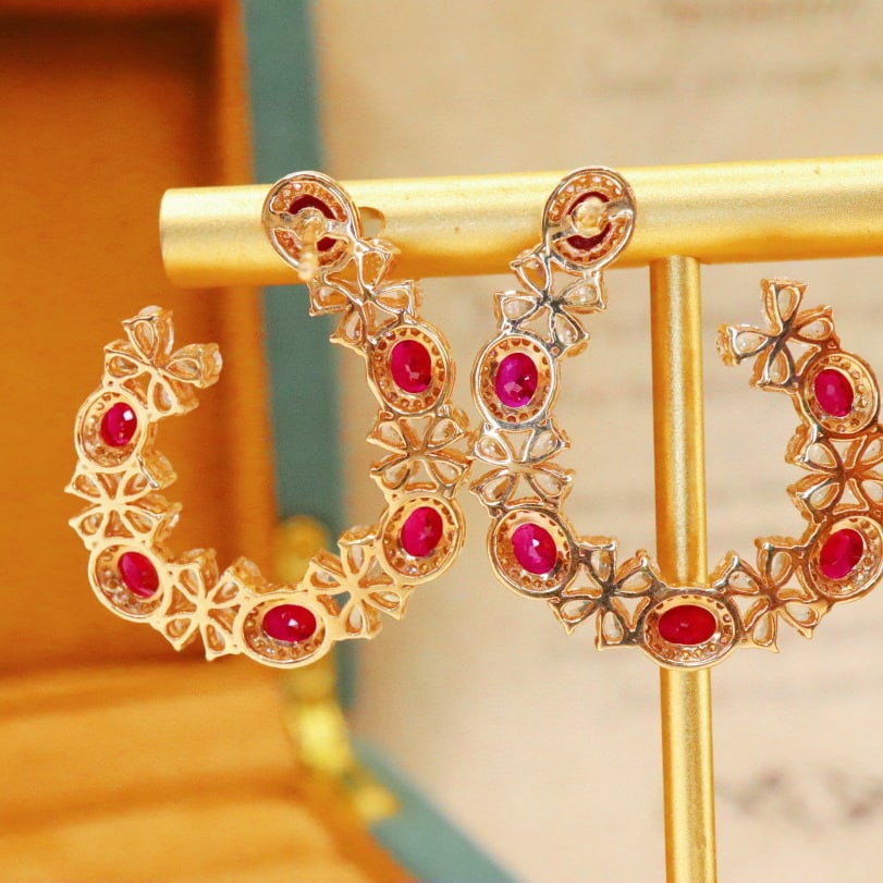 14k Gold 3.73 Ctw Natural Ruby & Diamond Earrings - 4