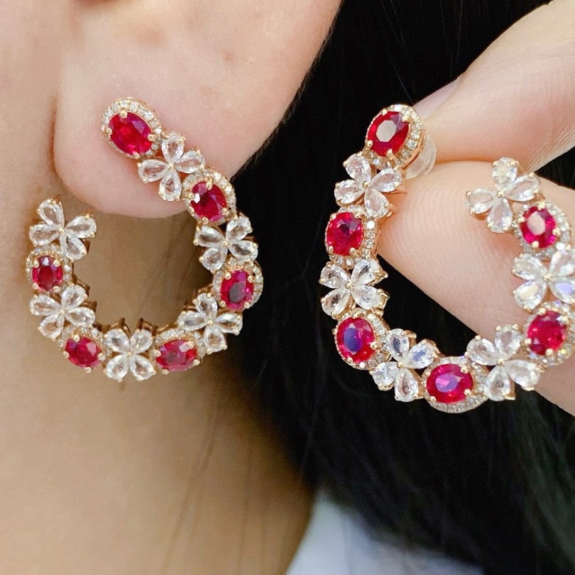 14k Gold 3.73 Ctw Natural Ruby & Diamond Earrings - 5