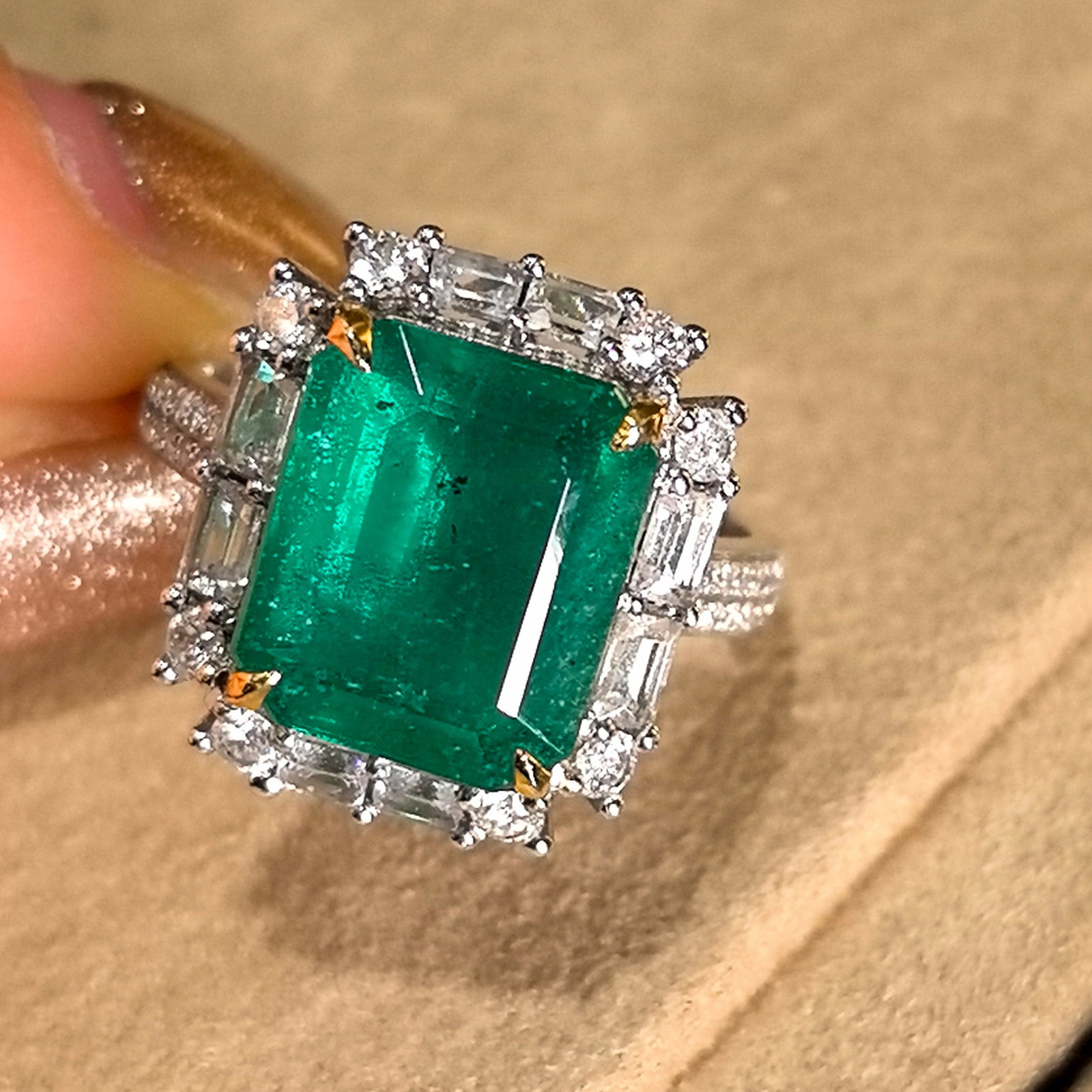 14k Gold 6.30 Ctw Natural Emerald & Diamond Ring: Ref:230986205 // gold content:14k gold // ring size:7. 25us // // main gemstone:emerald // shape:octagonal // carat weight:5. 80ct // color:green // treatment:natural // // adjacent gemstone 2 :