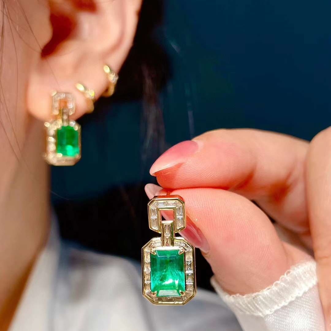 14k Gold 3.43 Ctw Vivid Green Natural Emerald & Diamond Earrings - 5