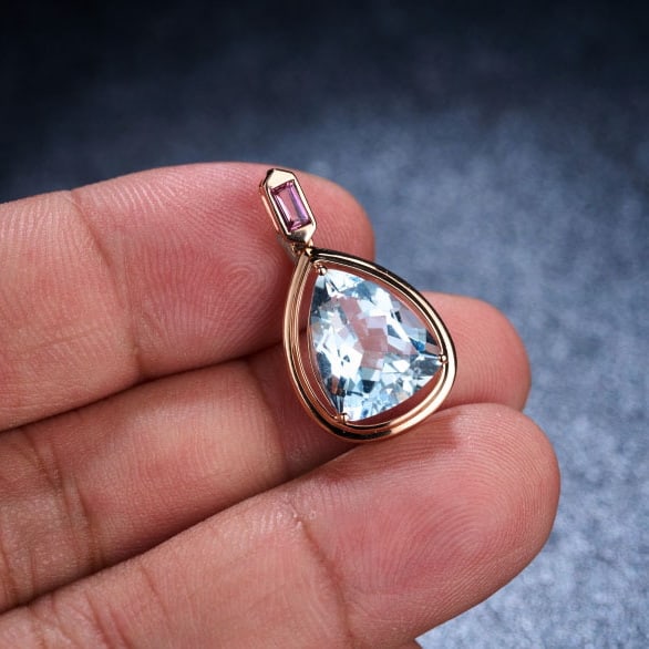 14k Gold 3.61 Ct Natural Aquamarine & Tourmaline Pendant( Without Chain ) - 2