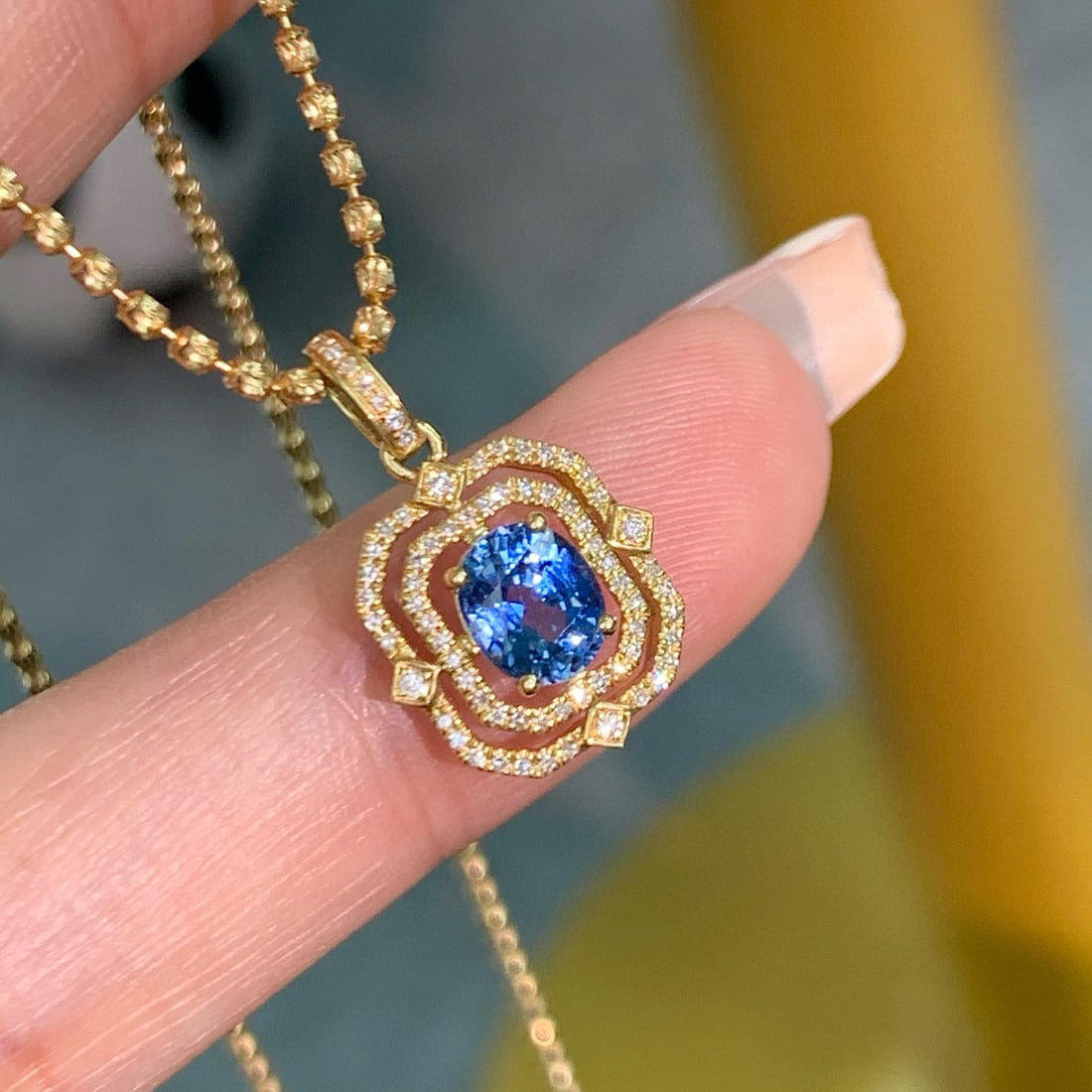 14k Gold 1.1 Ct Natural Sapphire & Diamond Pendant( Without Chain ) - 2